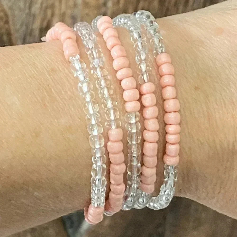 Clear & Blush Pink Handmade Large Seed Bead Bracelet Necklace